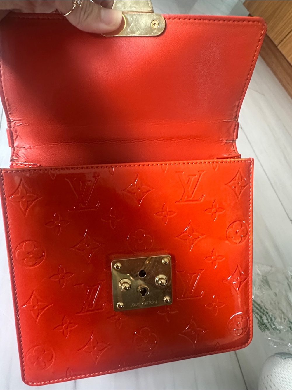 Louis Vuitton Orange-Red Spring Street Vernis Monogram Top Handle Satchel - Picture 6 of 7
